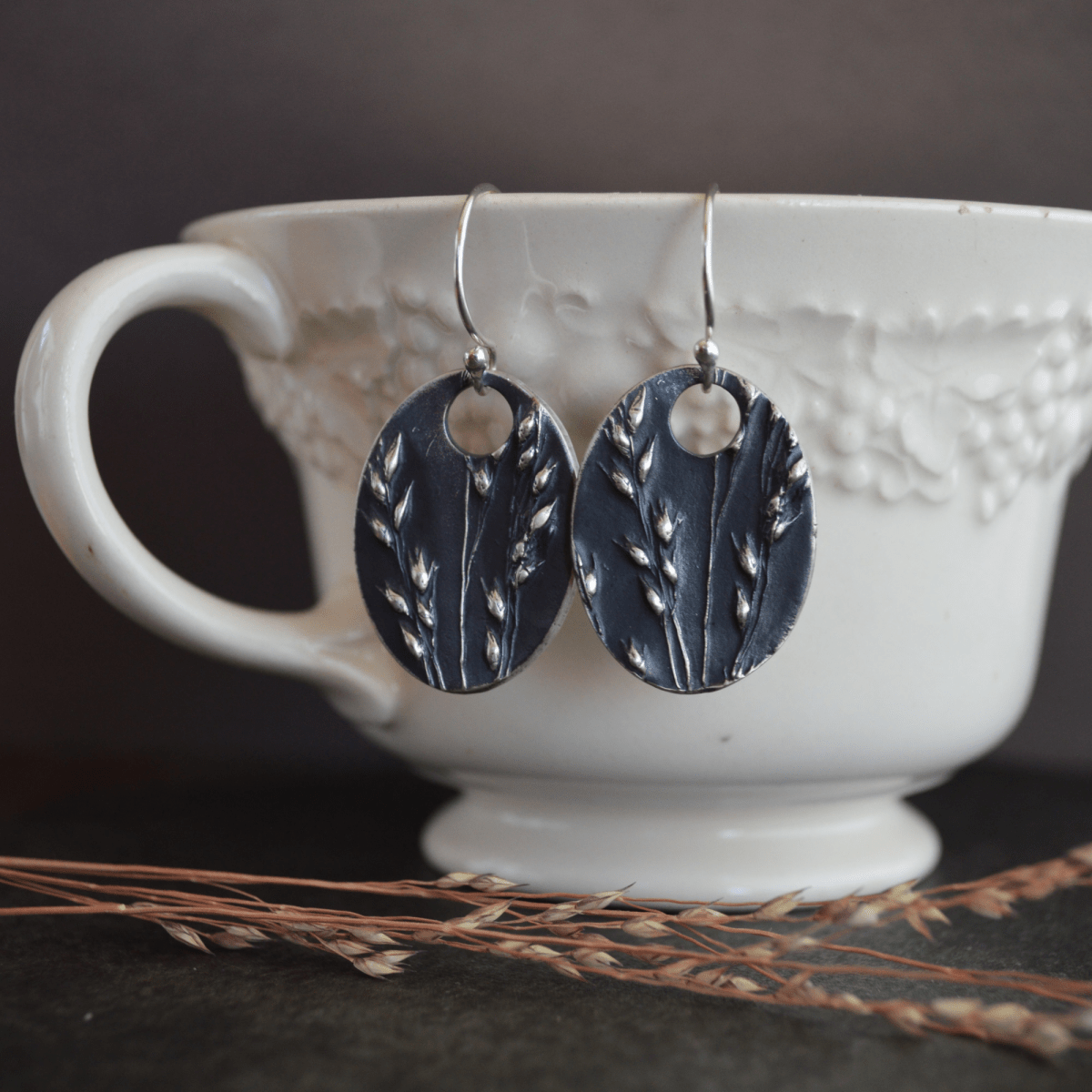 Prairie Switchgrass Oval Earrings in Silver - Gayle Dowell
