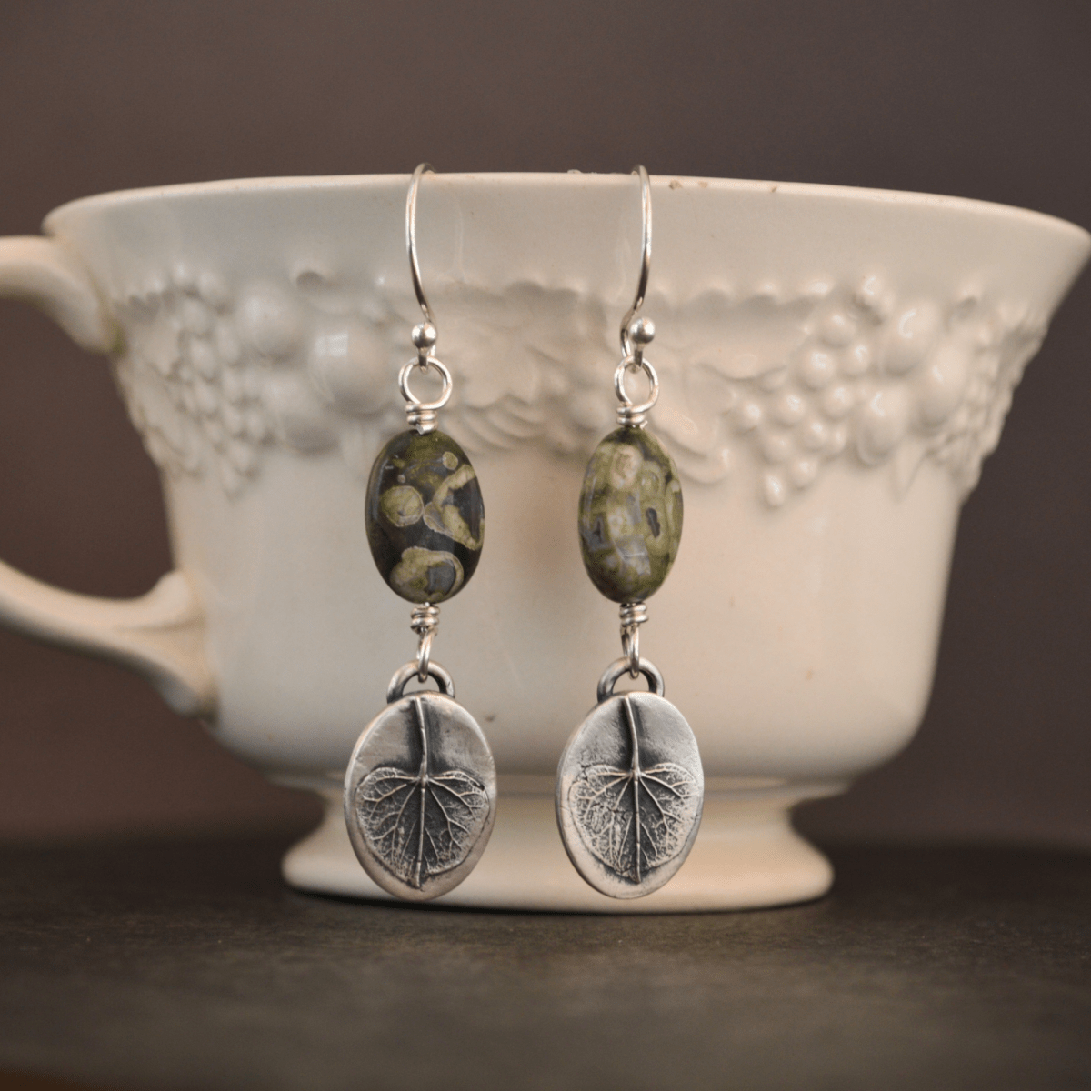 Redbud Leaf Earrings with Green Rhyolite - Gayle Dowell