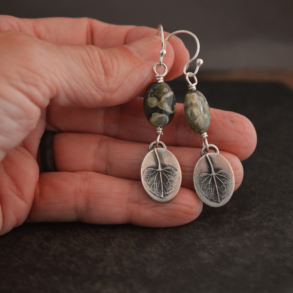Redbud Leaf Earrings with Green Rhyolite - Gayle Dowell
