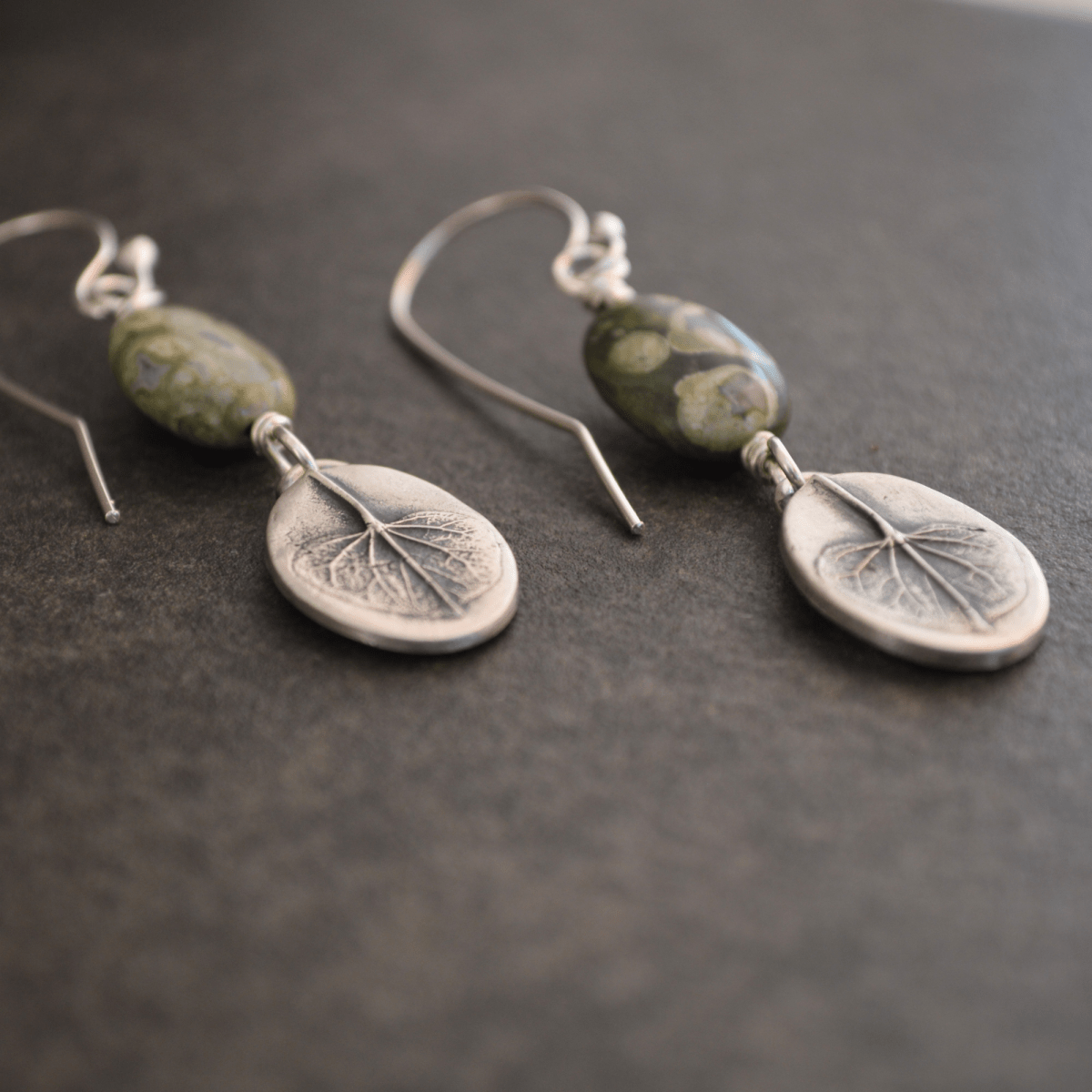 Redbud Leaf Earrings with Green Rhyolite - Gayle Dowell