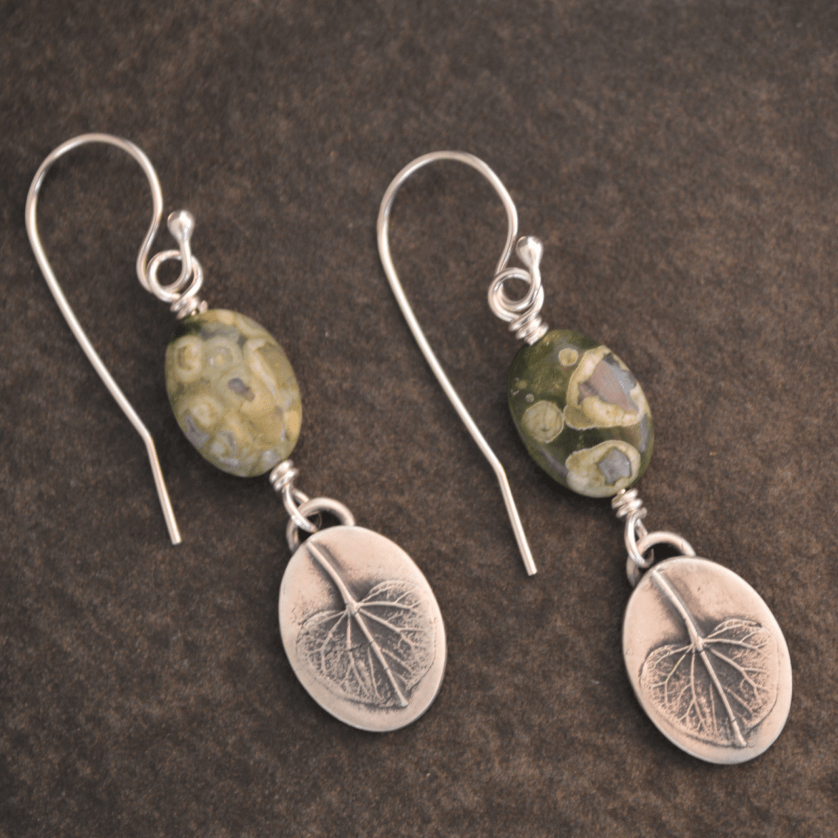 Redbud Leaf Earrings with Green Rhyolite - Gayle Dowell