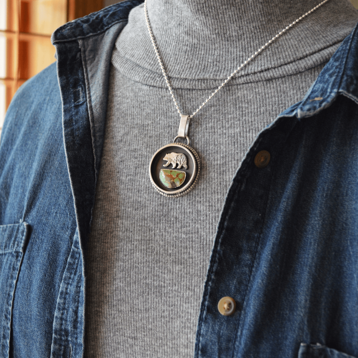 Silver Bear Necklace with Bamboo Mountain Turquoise - Gayle Dowell