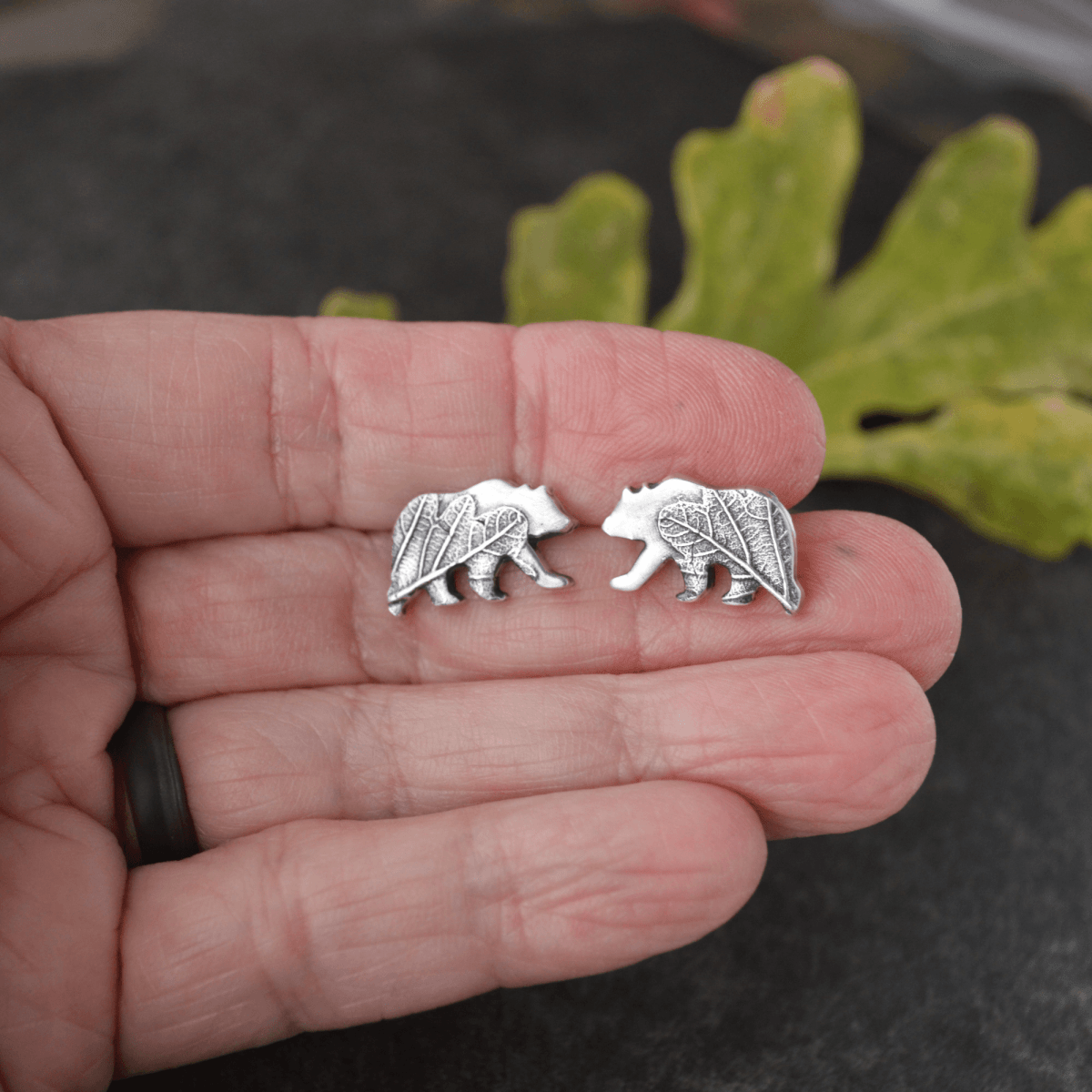 Silver Bear Stud Earrings Textured with Oak Leaf - Gayle Dowell