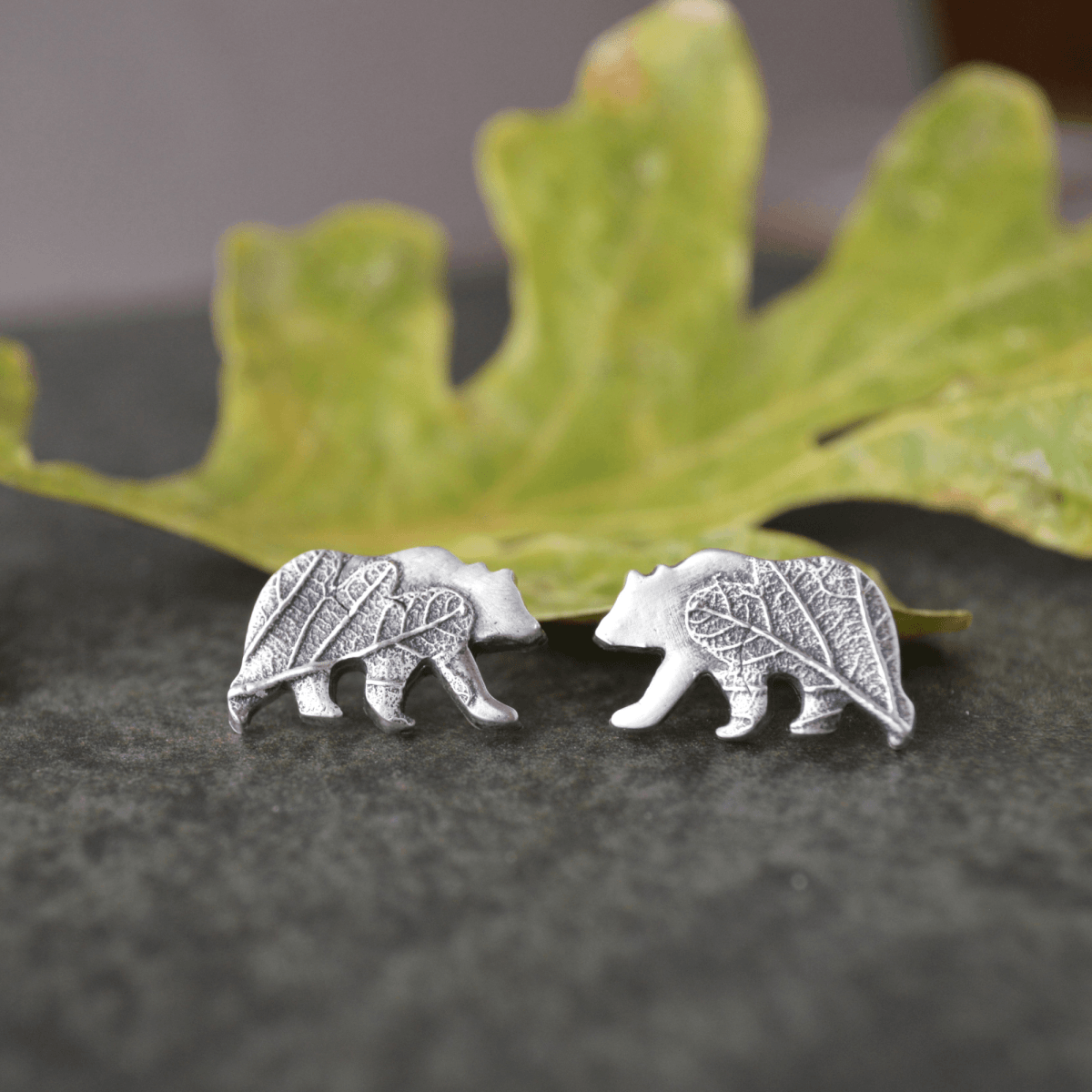 Silver Bear Stud Earrings Textured with Oak Leaf - Gayle Dowell