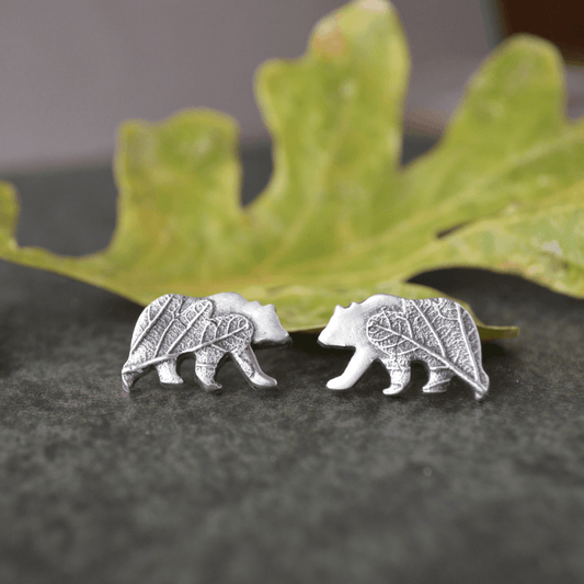 Silver Bear Stud Earrings Textured with Oak Leaf - Gayle Dowell