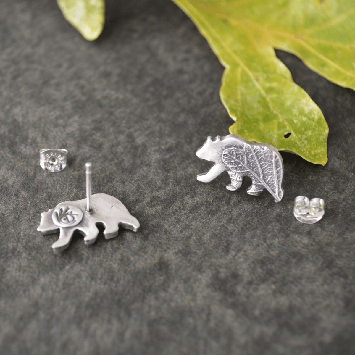 Silver Bear Stud Earrings Textured with Oak Leaf - Gayle Dowell