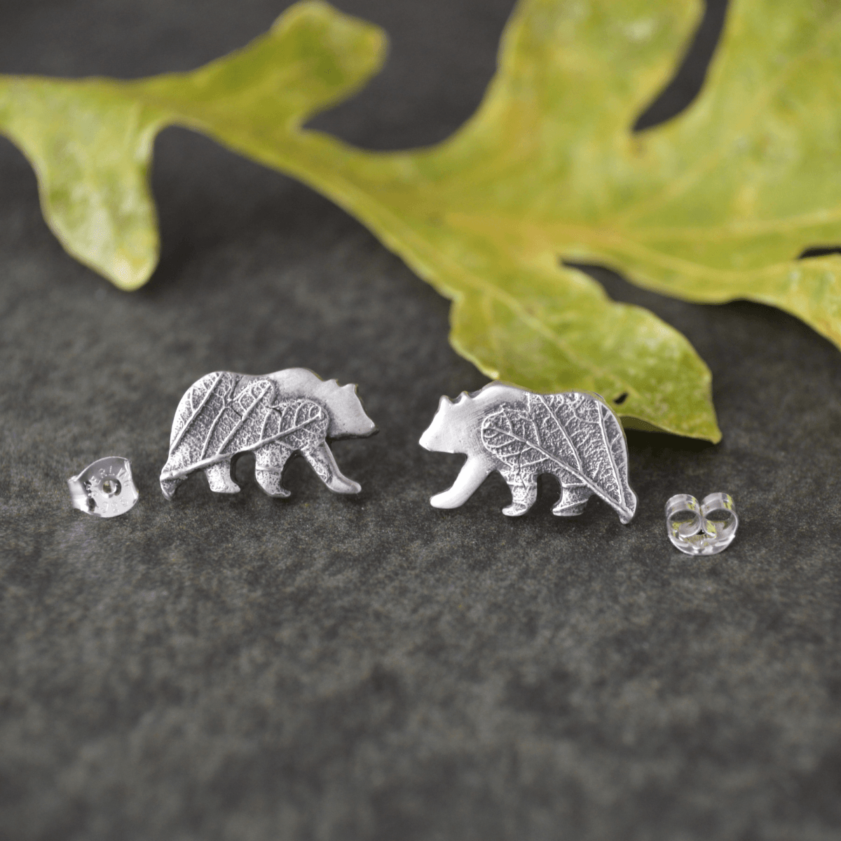 Silver Bear Stud Earrings Textured with Oak Leaf - Gayle Dowell