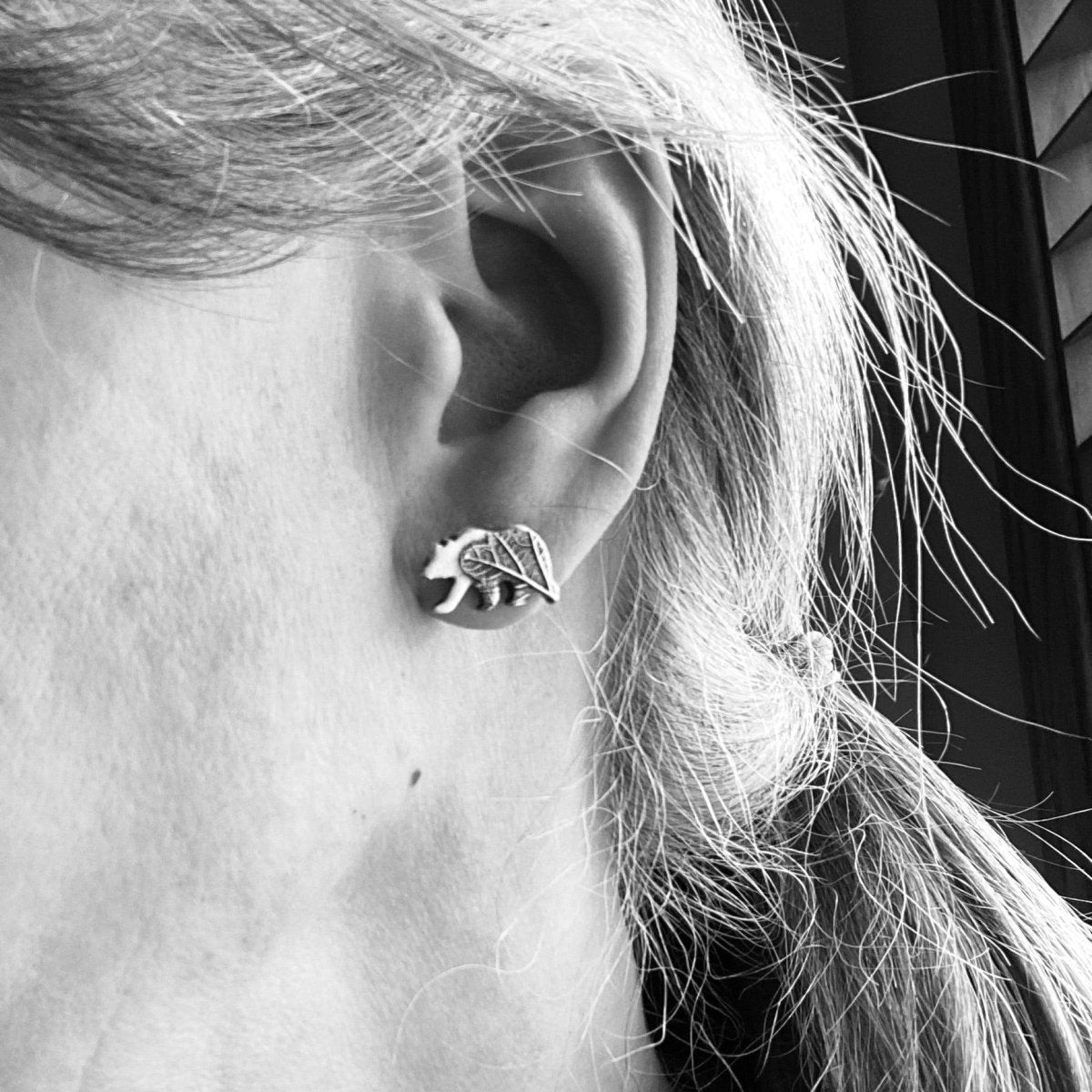 Silver Bear Stud Earrings Textured with Oak Leaf - Gayle Dowell