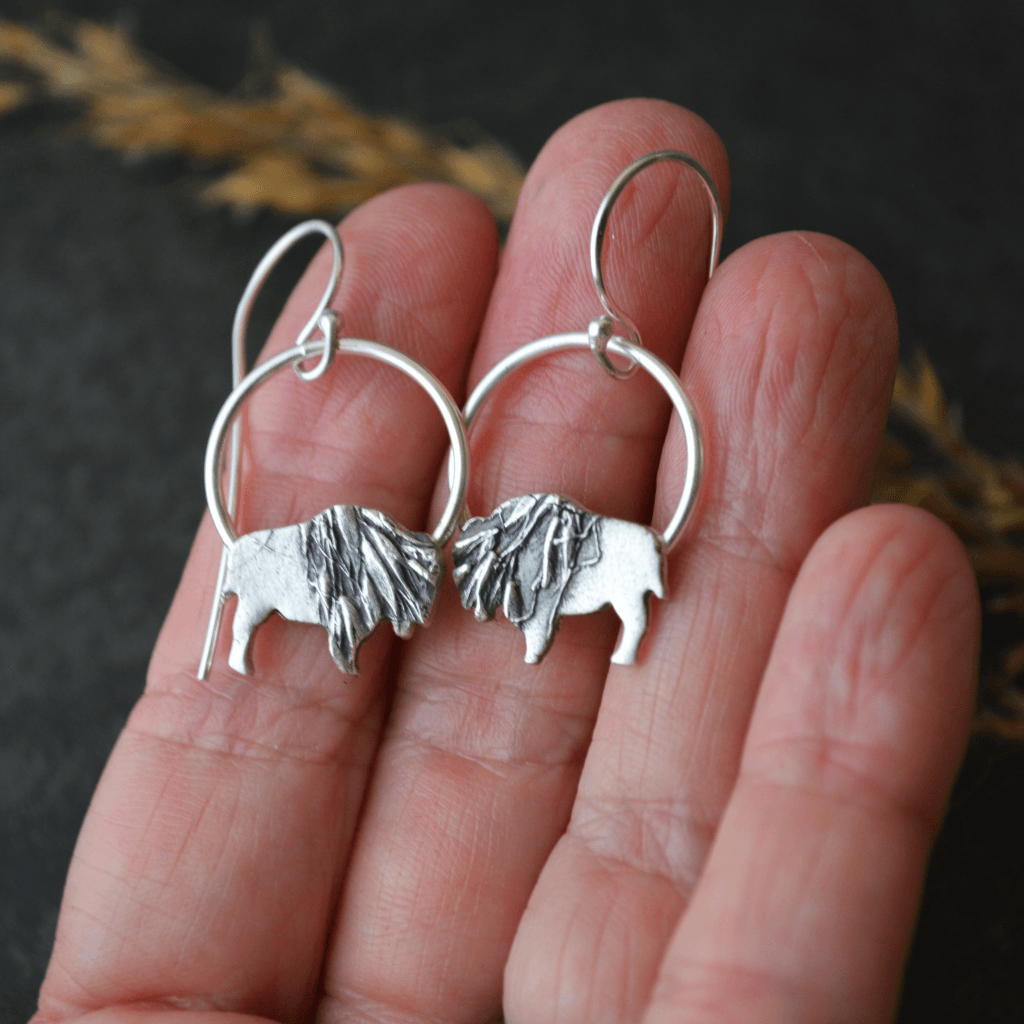 Silver Bison Hoop Earrings Textured with Indiangrass - Gayle Dowell
