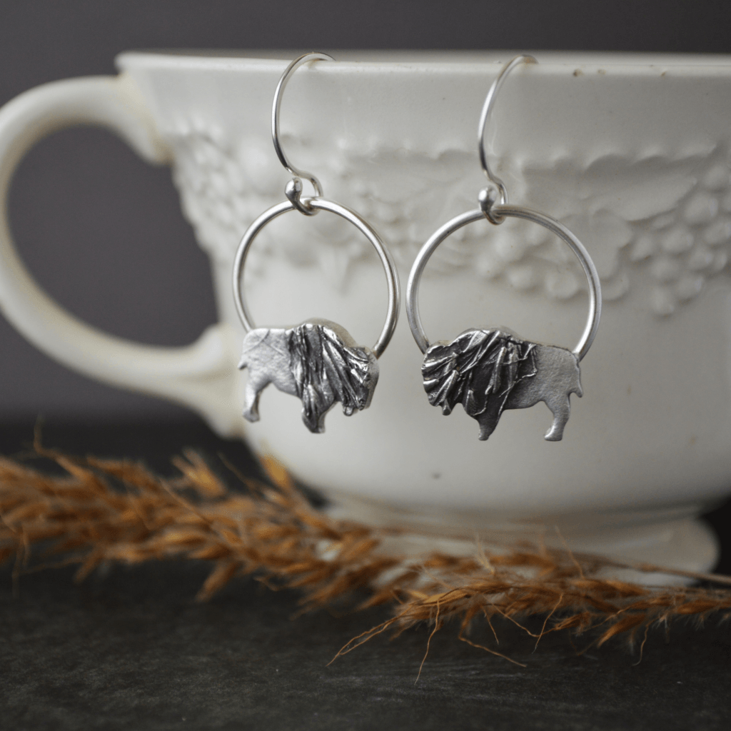 Silver Bison Hoop Earrings Textured with Indiangrass - Gayle Dowell