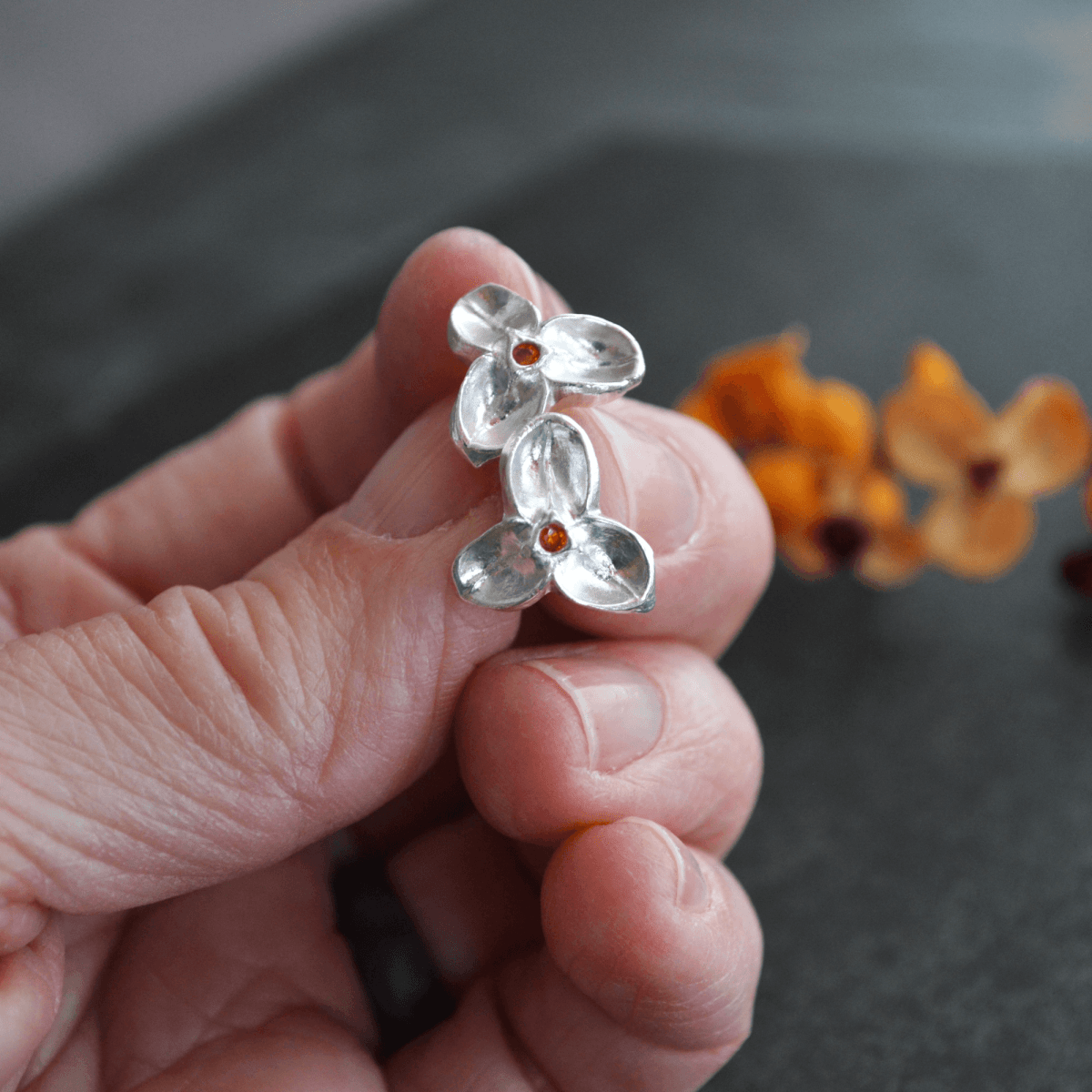 Silver Bittersweet Earrings with Orange CZ Stone - Gayle Dowell