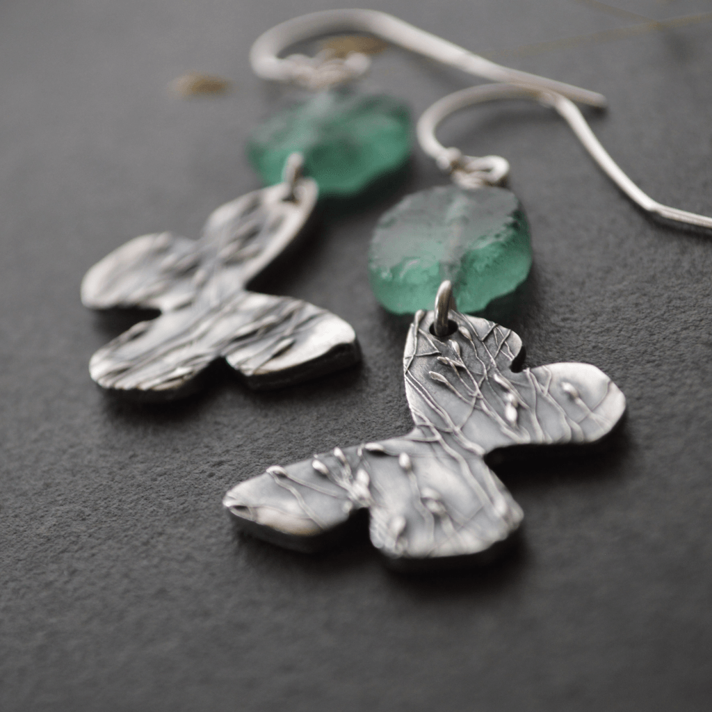 Silver Butterfly Earrings with Ancient Roman Glass - Gayle Dowell
