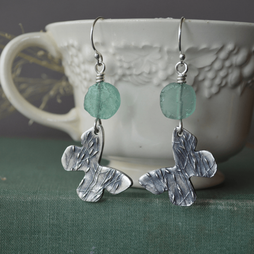 Silver Butterfly Earrings with Ancient Roman Glass - Gayle Dowell