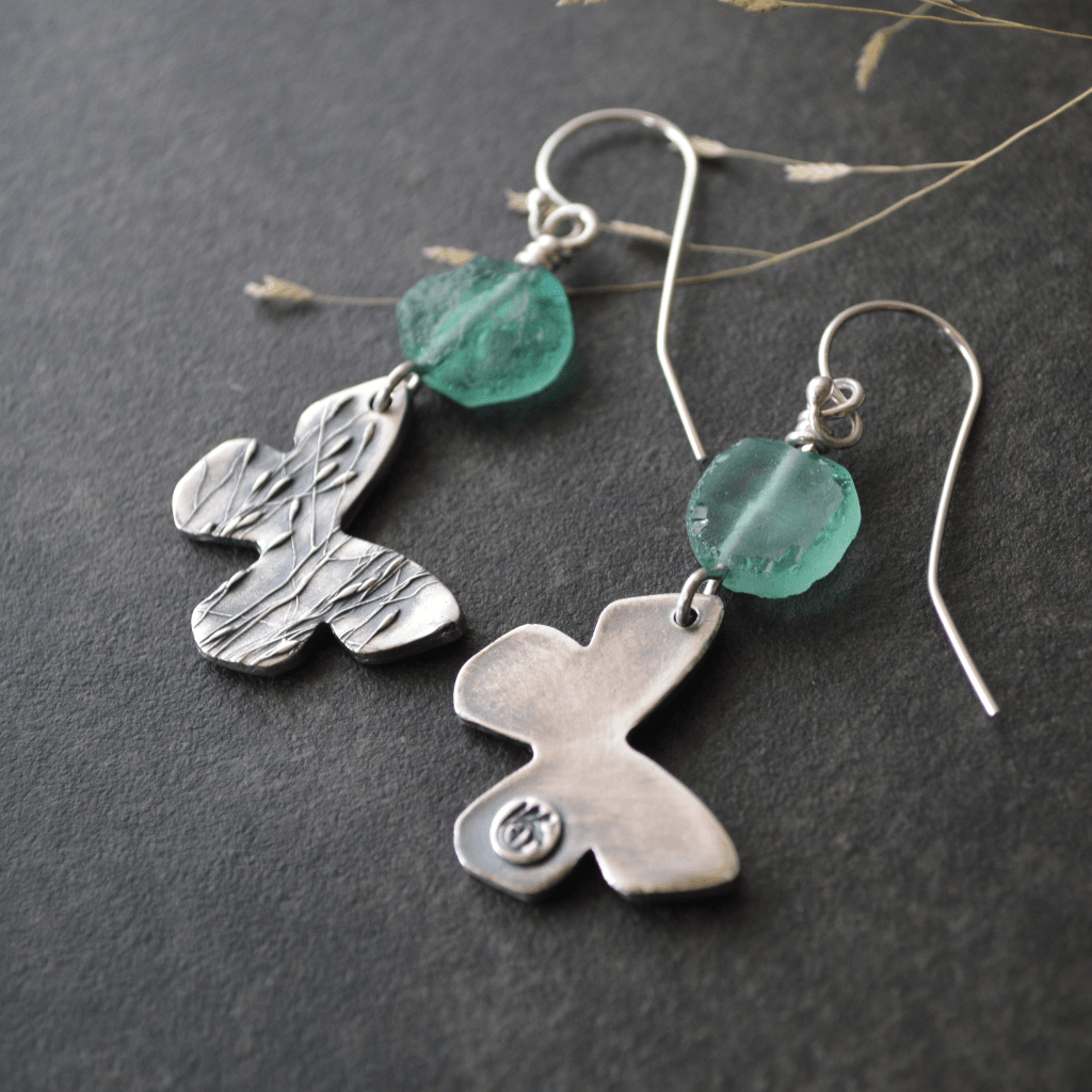 Silver Butterfly Earrings with Ancient Roman Glass - Gayle Dowell
