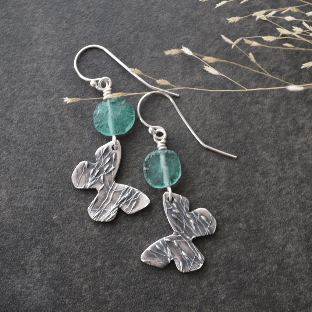 Silver Butterfly Earrings with Ancient Roman Glass - Gayle Dowell