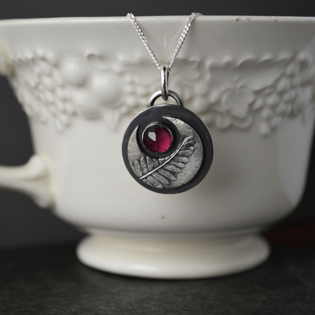 Silver Crescent Moon Necklace with Rhodolite Garnet Gemstone - Gayle Dowell