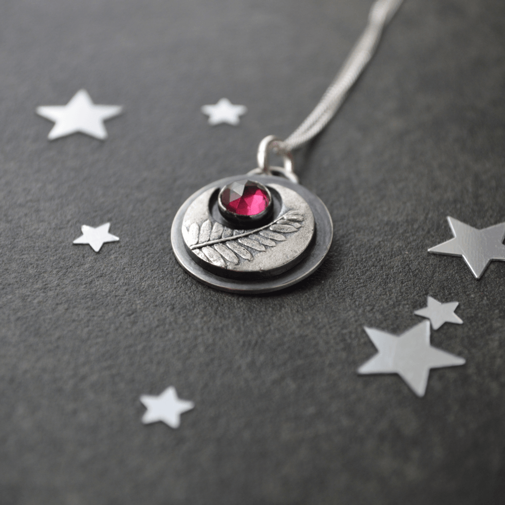 Silver Crescent Moon Necklace with Rhodolite Garnet Gemstone - Gayle Dowell
