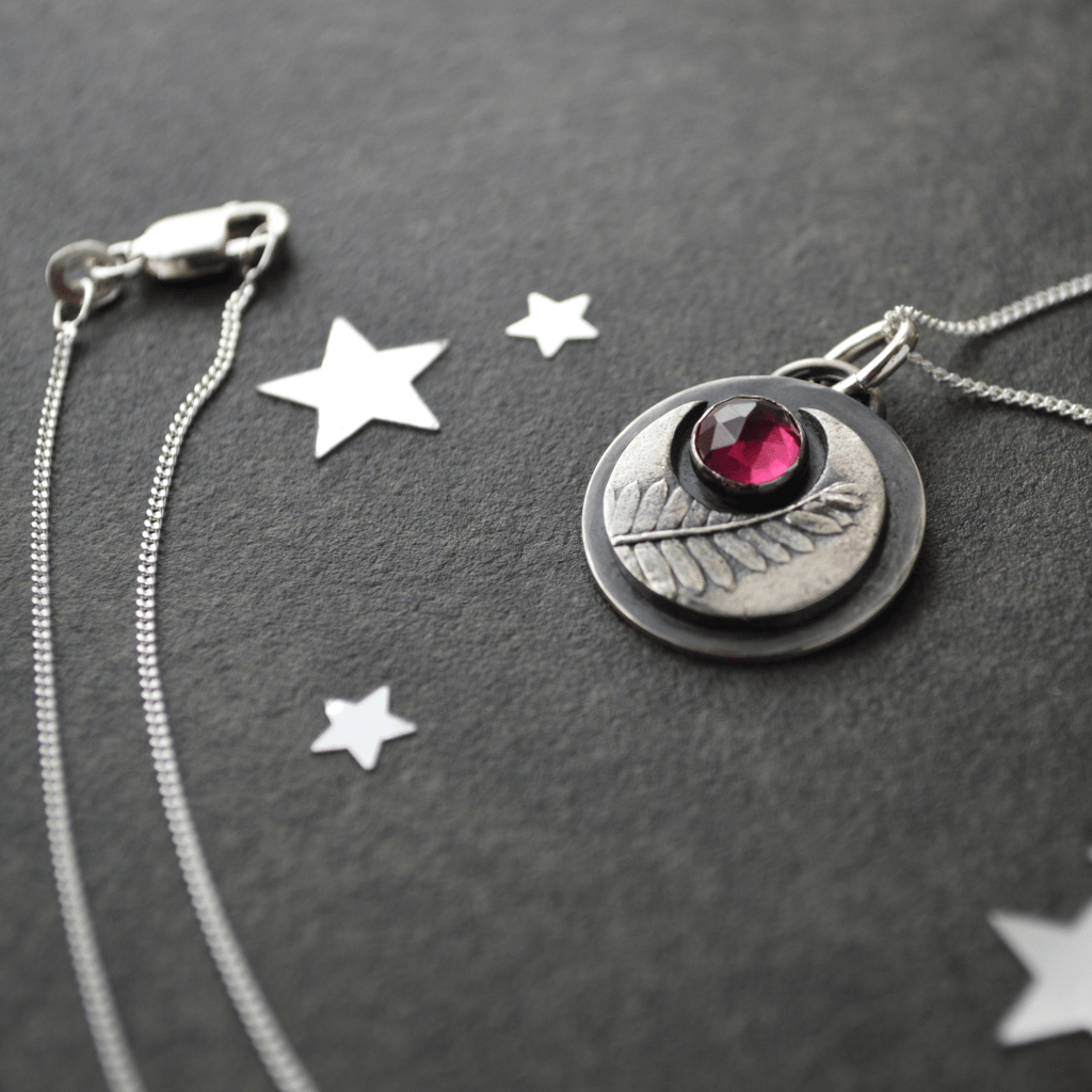 Silver Crescent Moon Necklace with Rhodolite Garnet Gemstone - Gayle Dowell