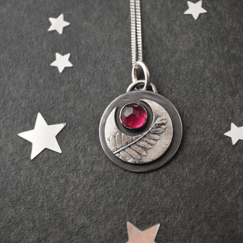 Silver Crescent Moon Necklace with Rhodolite Garnet Gemstone - Gayle Dowell