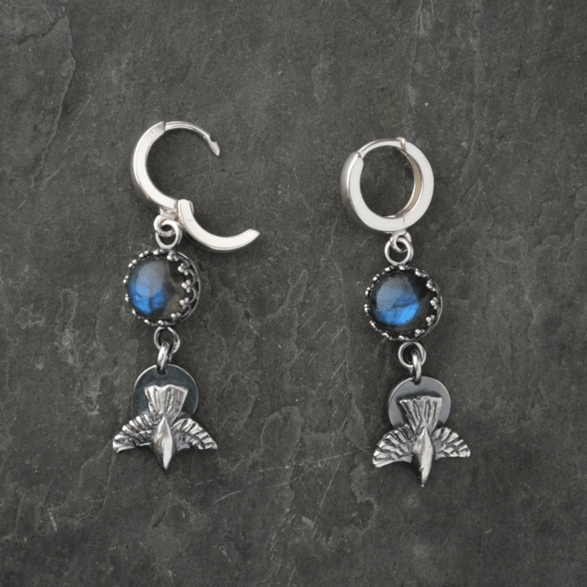 Silver Crow Earrings with Labradorite - Gayle Dowell