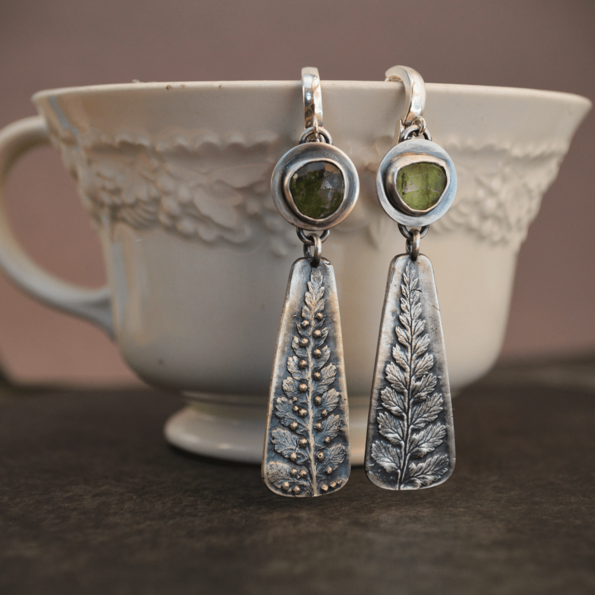Silver Fern Earrings with Green Tourmaline - Gayle Dowell