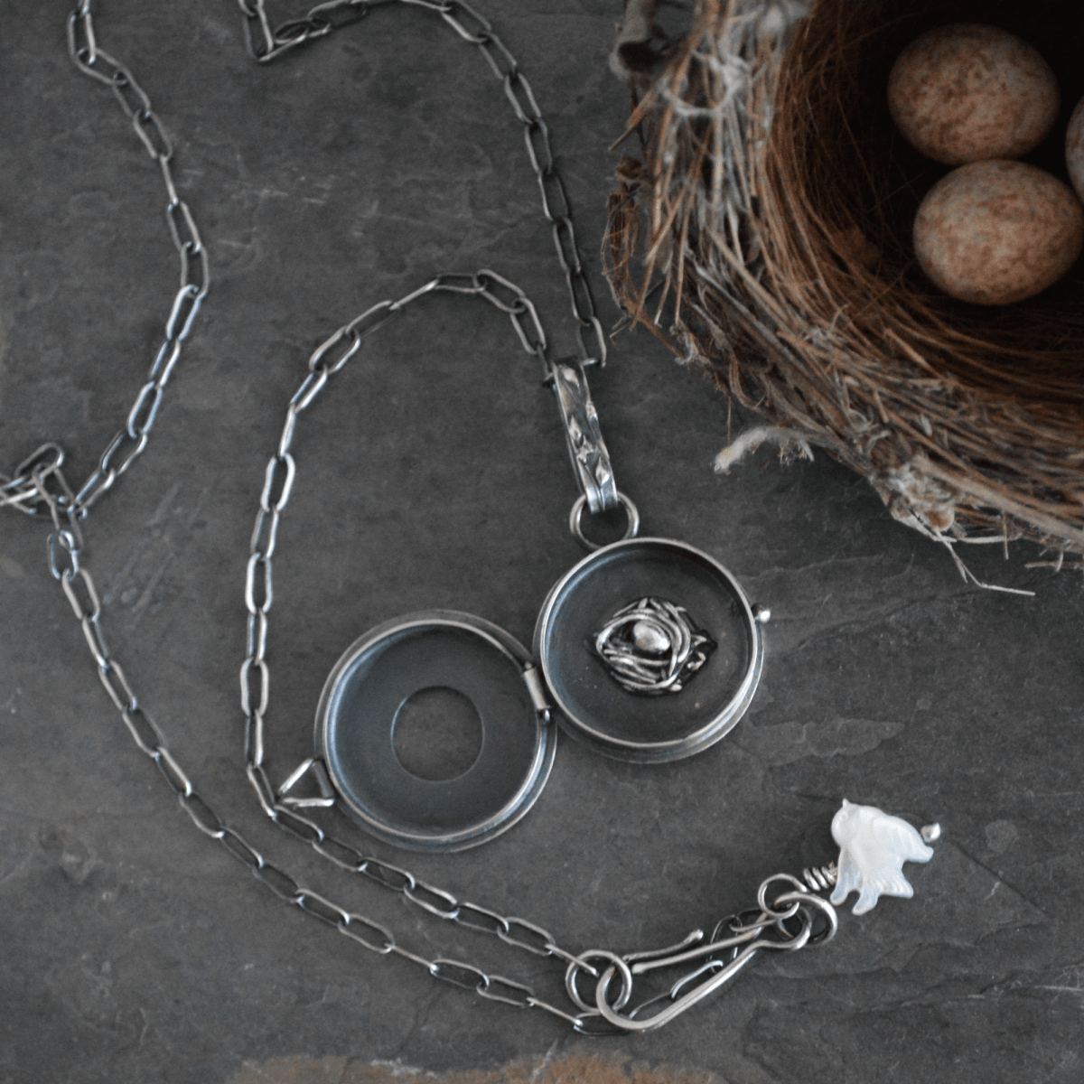 Silver Locket Necklace with Bird Nest - Gayle Dowell
