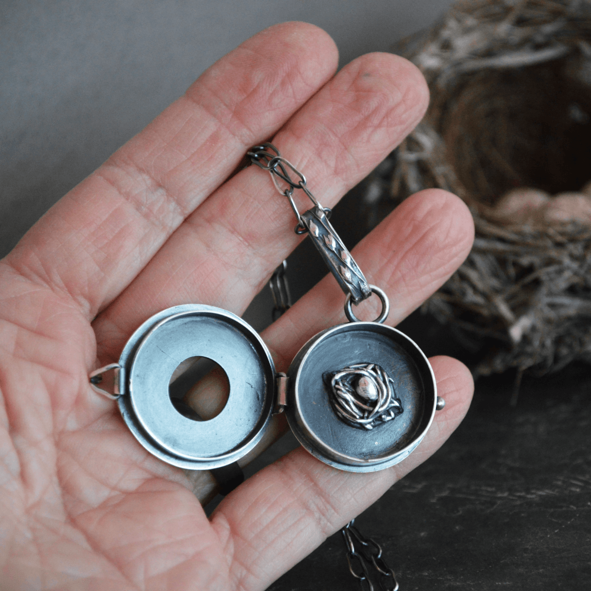 Silver Locket Necklace with Bird Nest - Gayle Dowell