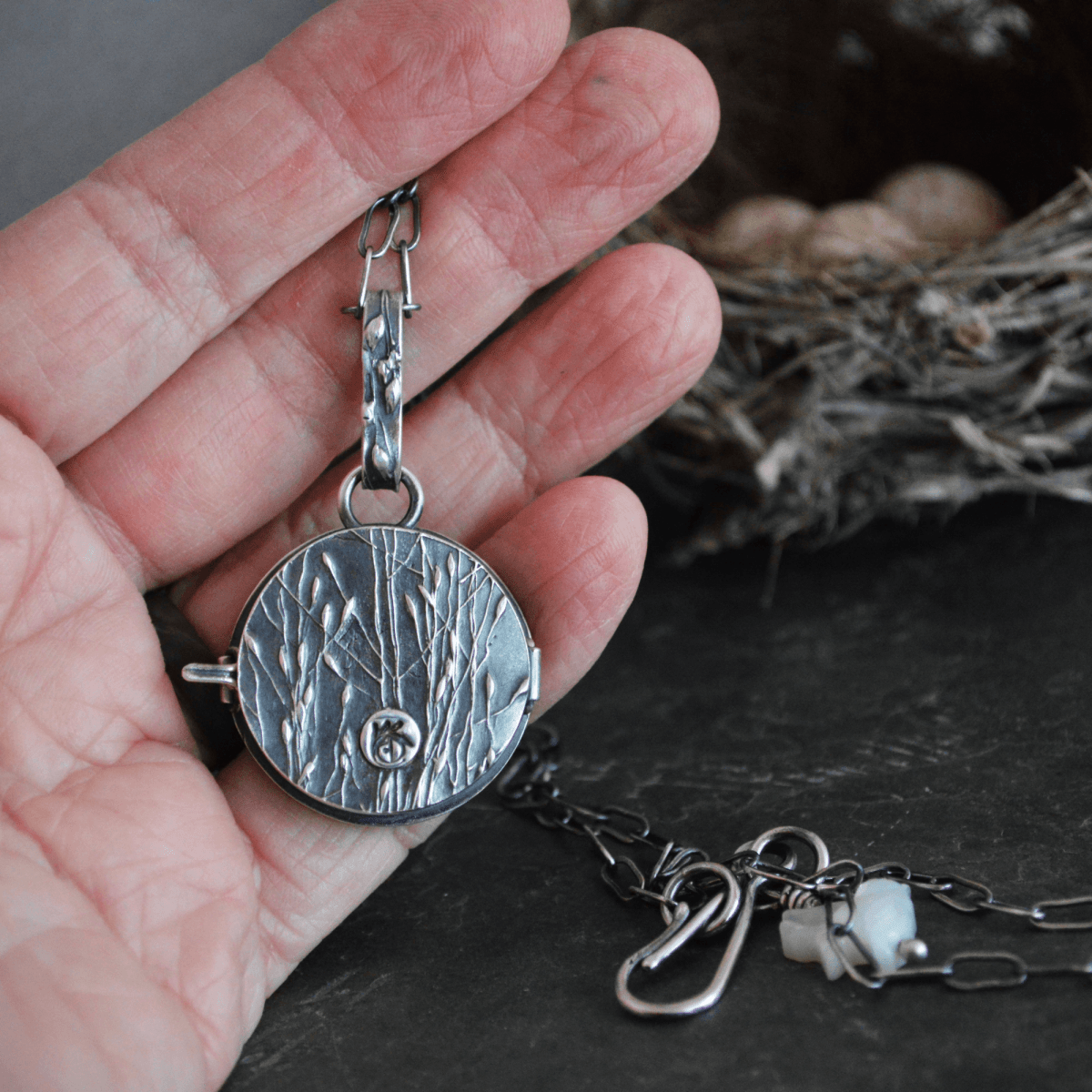 Silver Locket Necklace with Bird Nest - Gayle Dowell