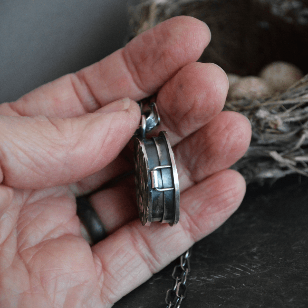 Silver Locket Necklace with Bird Nest - Gayle Dowell