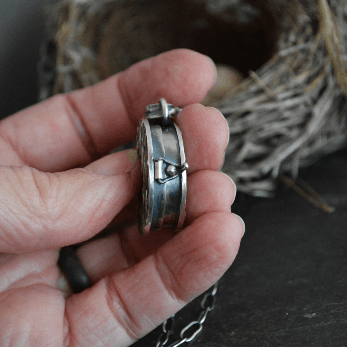 Silver Locket Necklace with Bird Nest - Gayle Dowell