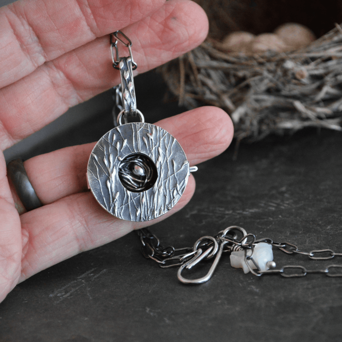 Silver Locket Necklace with Bird Nest - Gayle Dowell