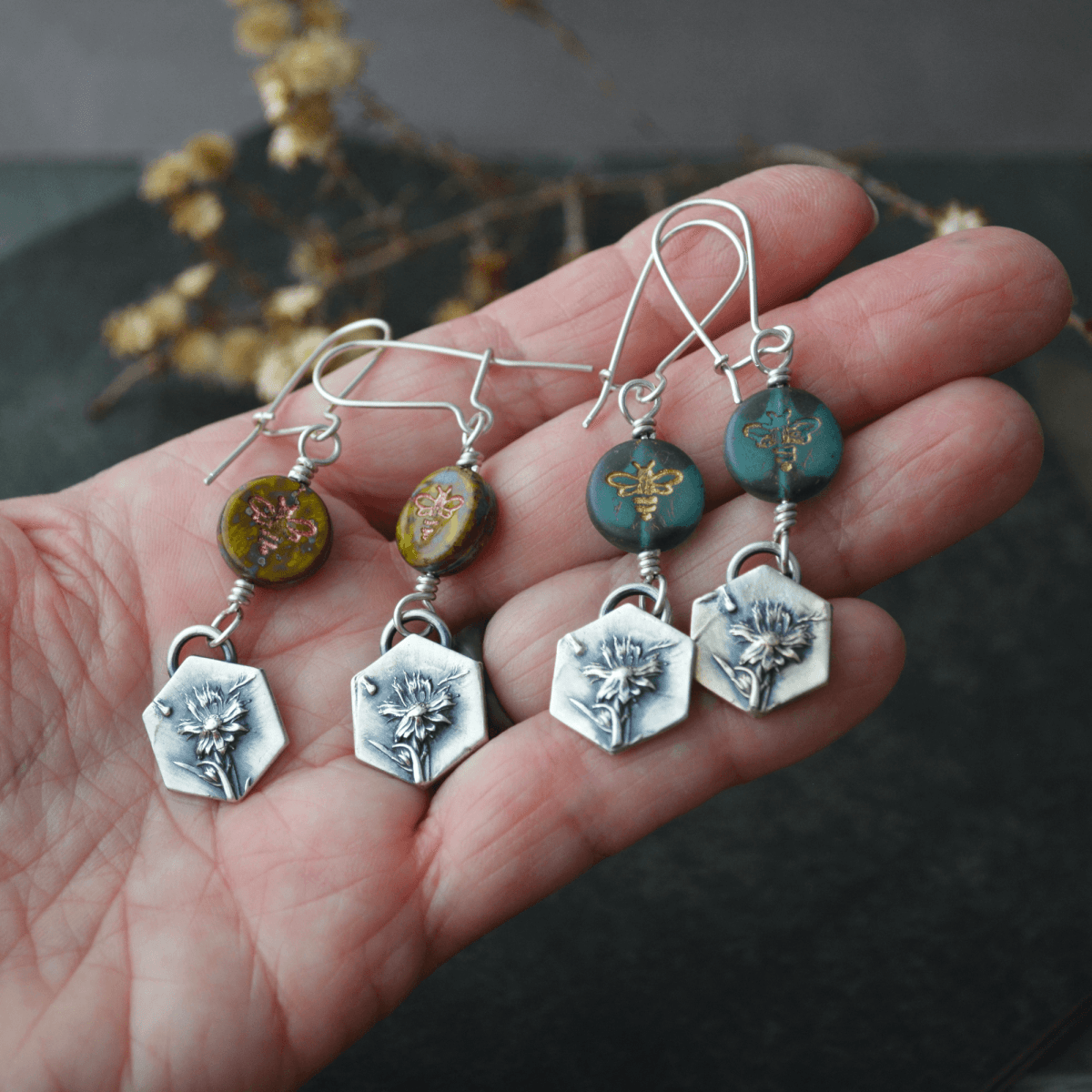 Silver Remnant Aster Earrings with Bee - Gayle Dowell