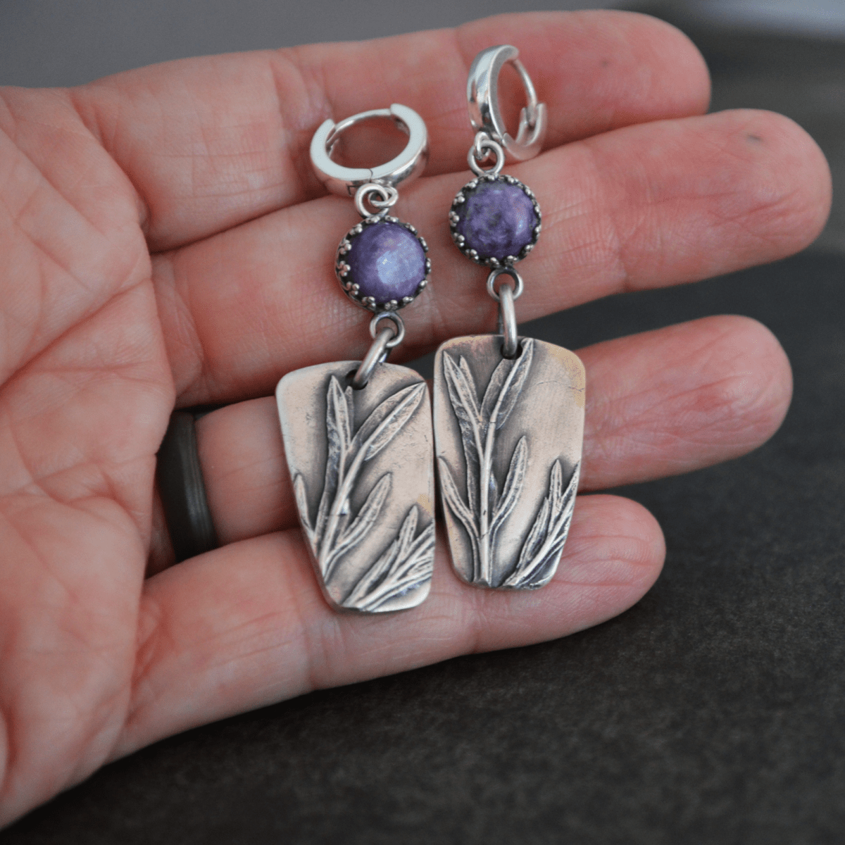 Silver Sage Earrings with Charoite Gemstones - Gayle Dowell