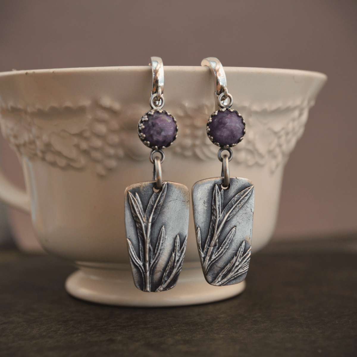 Silver Sage Earrings with Charoite Gemstones - Gayle Dowell