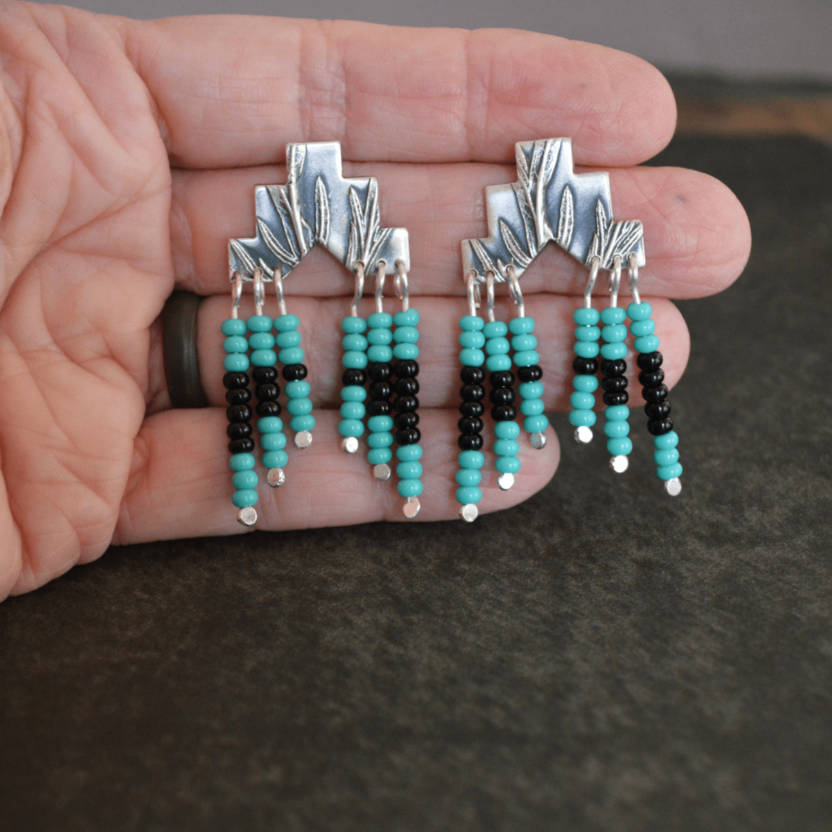 Silver Sage Earrings with Glass Bead Fringe - Gayle Dowell