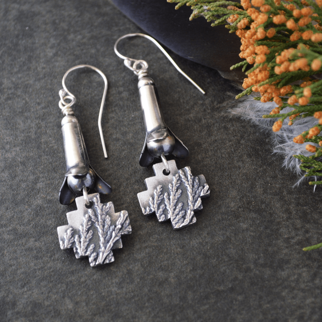 Silver Squash Blossom Earrings with Cedar Crosses - Gayle Dowell