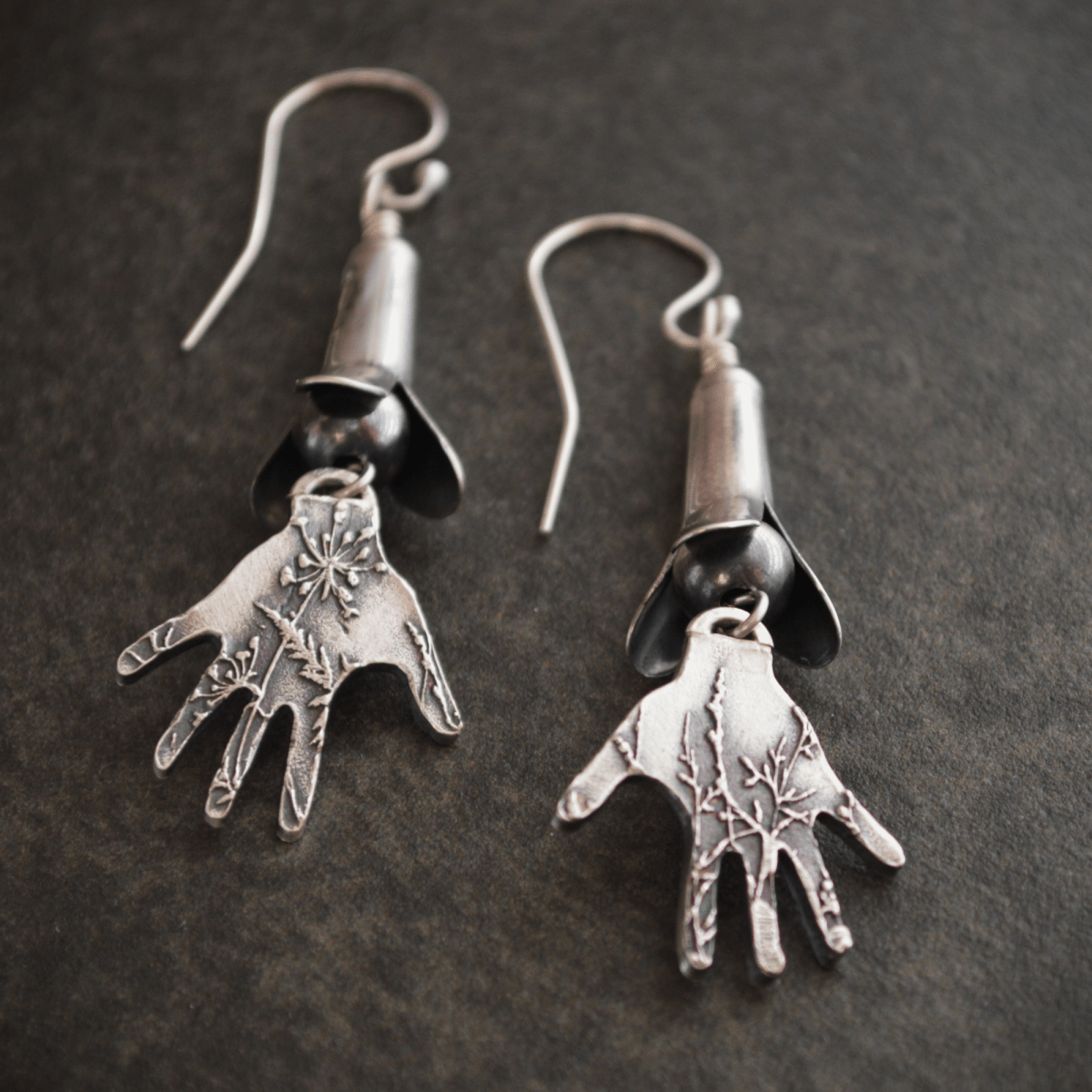 Silver Squash Blossom Earrings With Hands Textured with a Prairie Design - Gayle Dowell