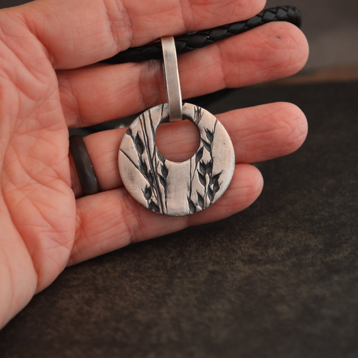 Switchgrass Hoop Necklace with Braided Leather Cord - Gayle Dowell