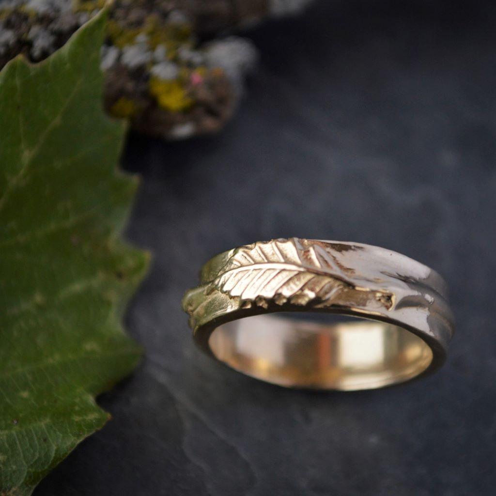 14K Gold Chinkapin Oak Twig and Leaf Ring Band - Gayle Dowell