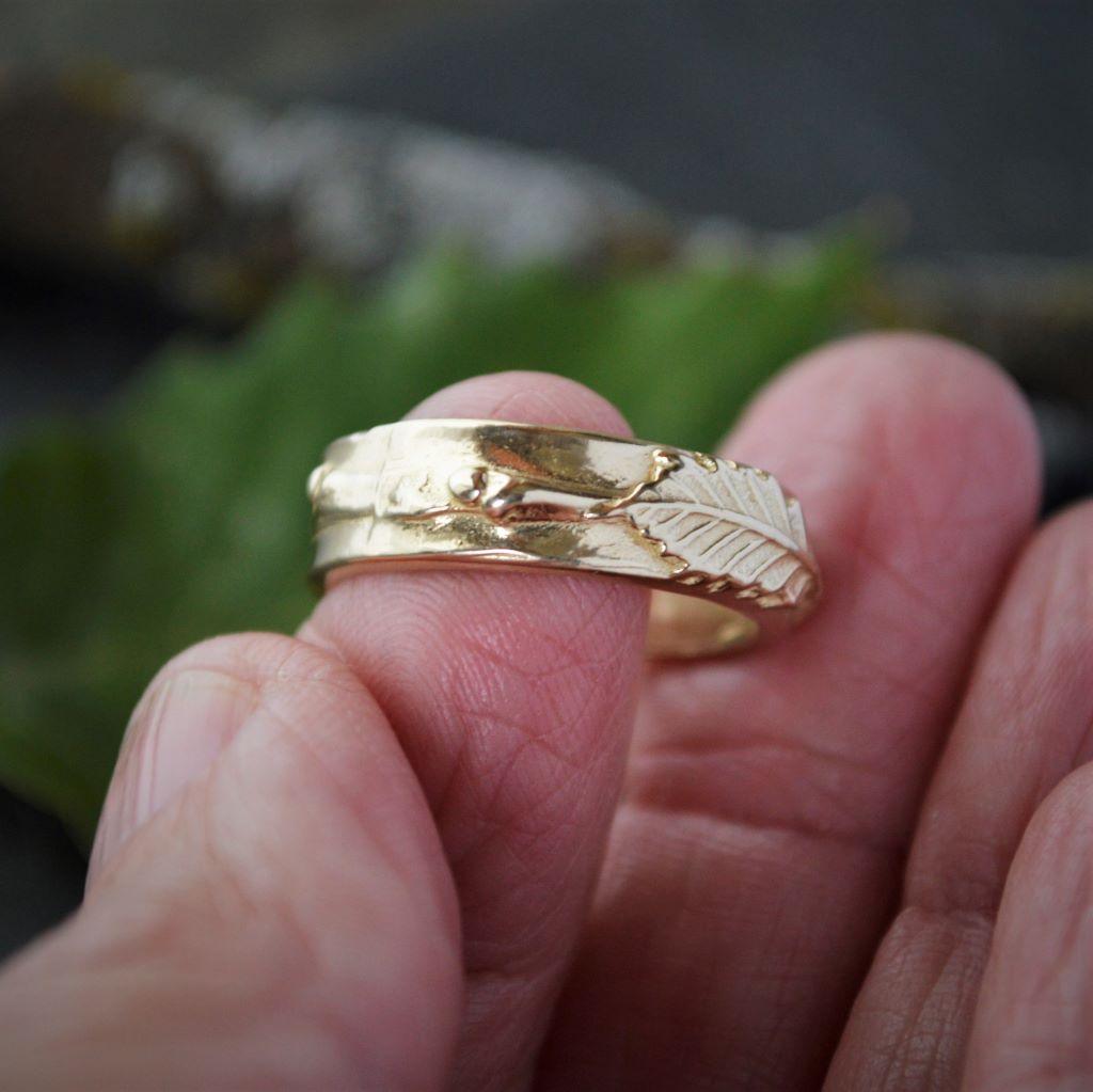 14K Gold Chinkapin Oak Twig and Leaf Ring Band - Gayle Dowell
