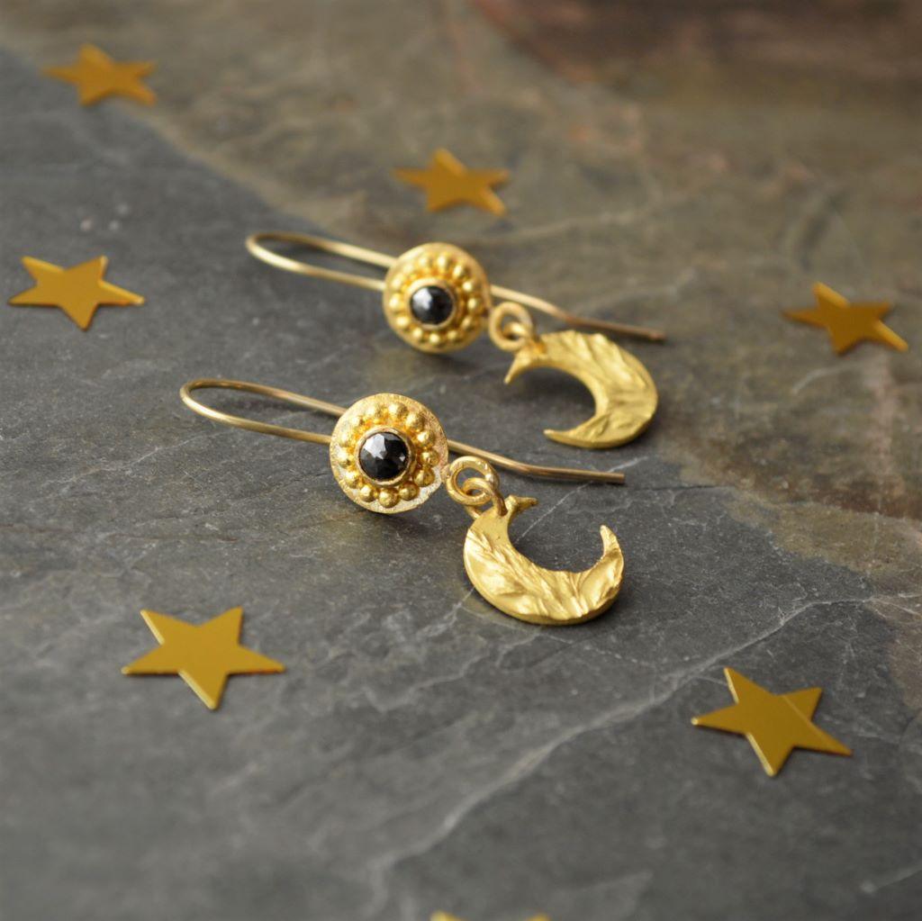 22k Gold Moon and Black Diamond Earrings - Gayle Dowell
