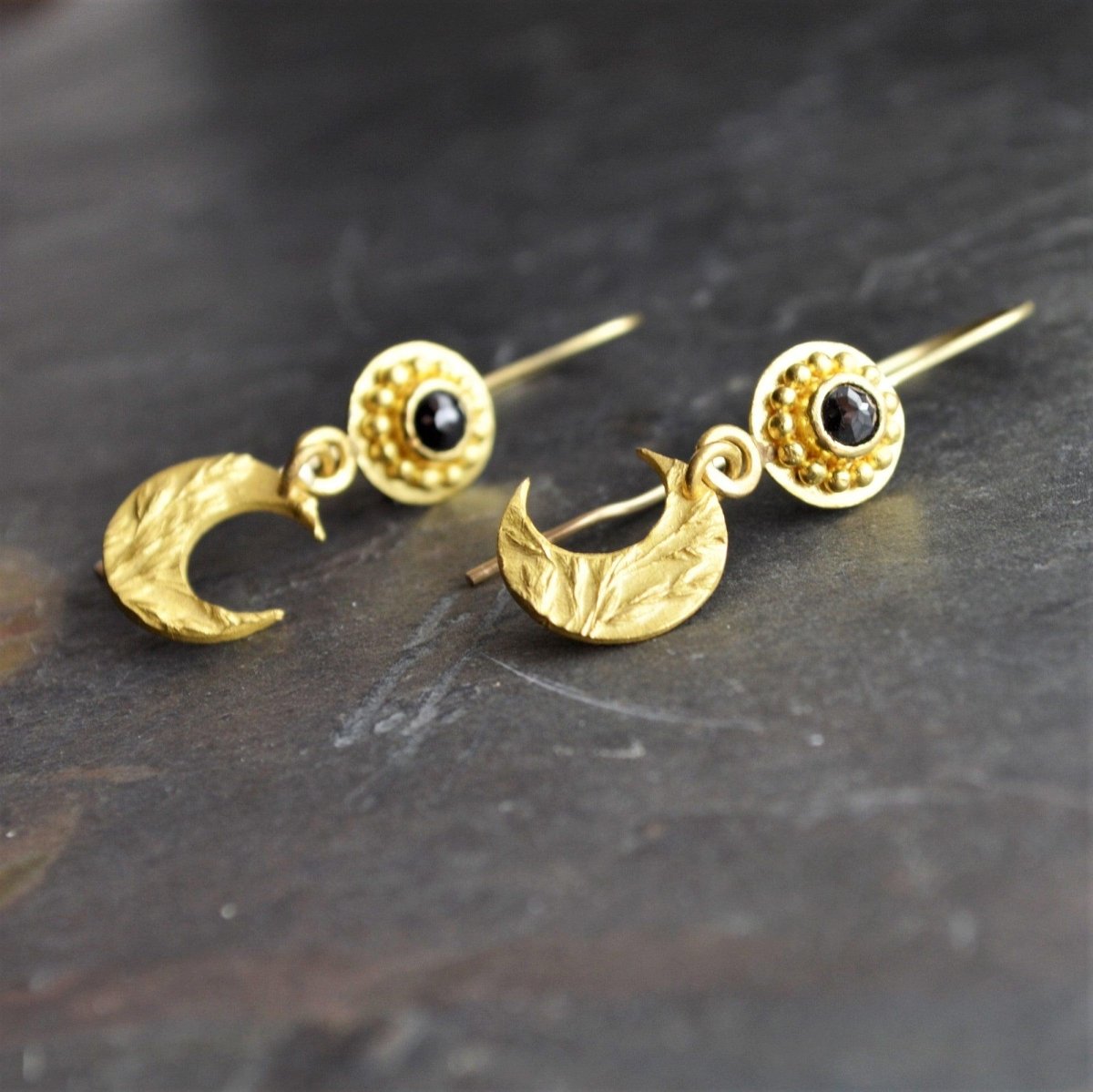 22k Gold Moon and Black Diamond Earrings - Gayle Dowell