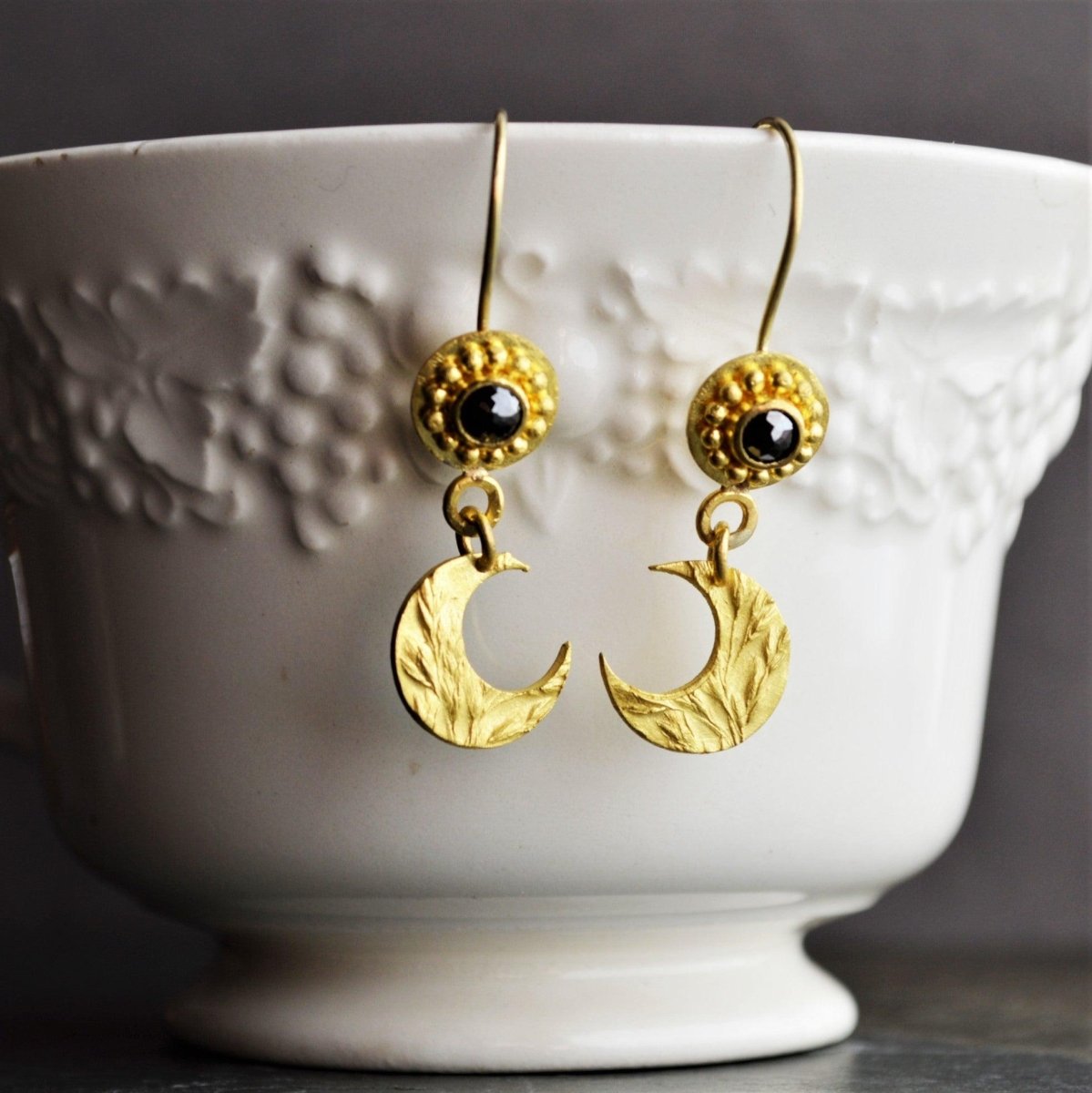 22k Gold Moon and Black Diamond Earrings - Gayle Dowell