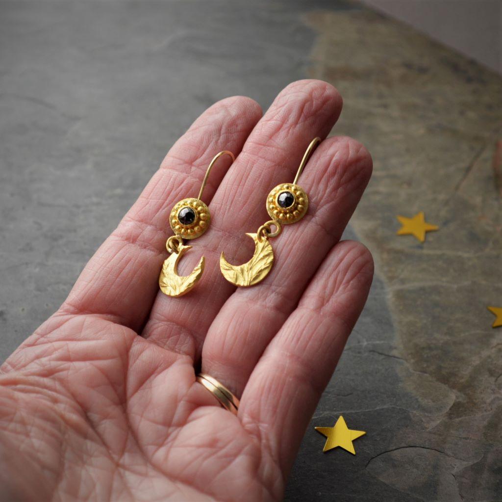 22k Gold Moon and Black Diamond Earrings - Gayle Dowell