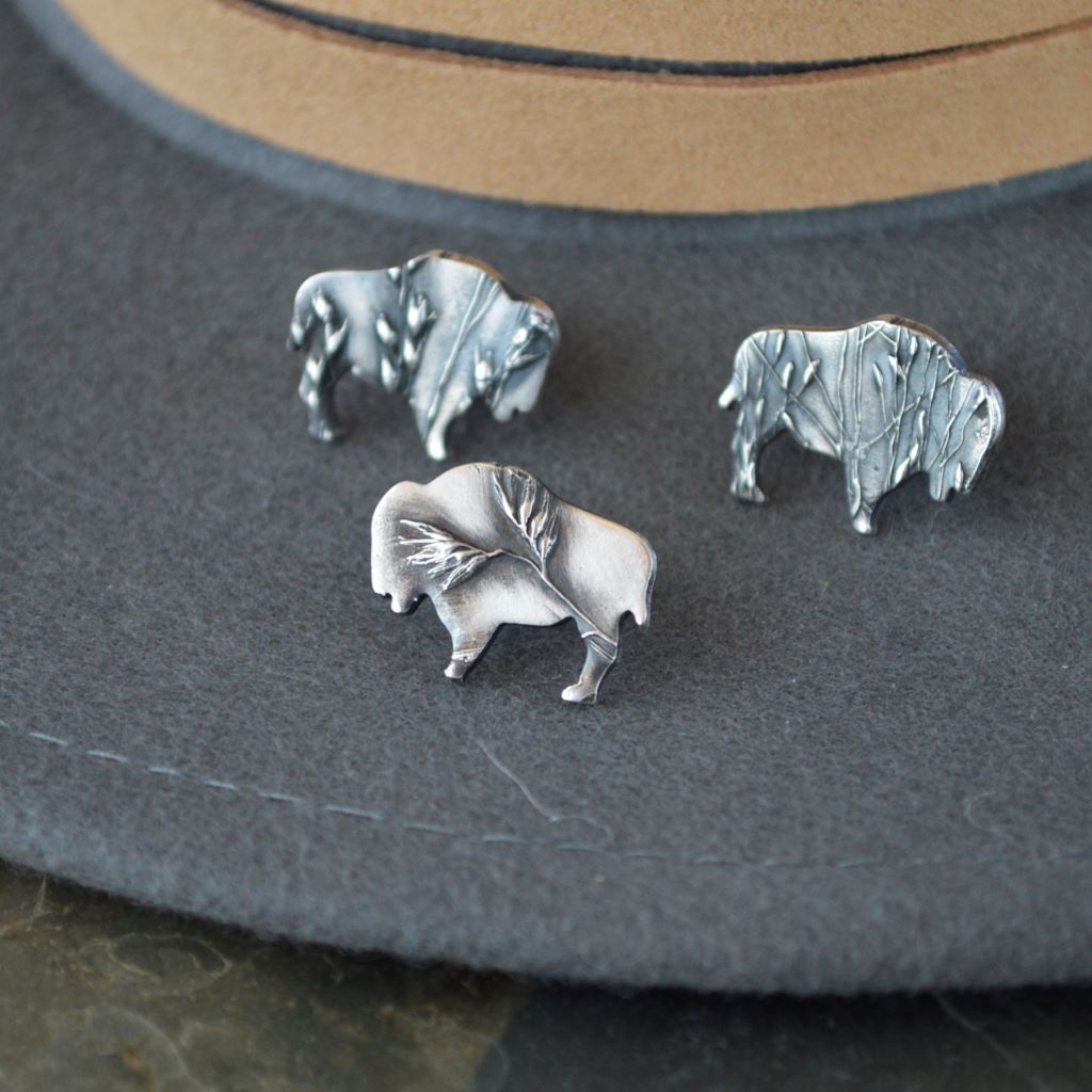 Bison Tie Tacks or Hat Pins, Textured with Prairie Grass