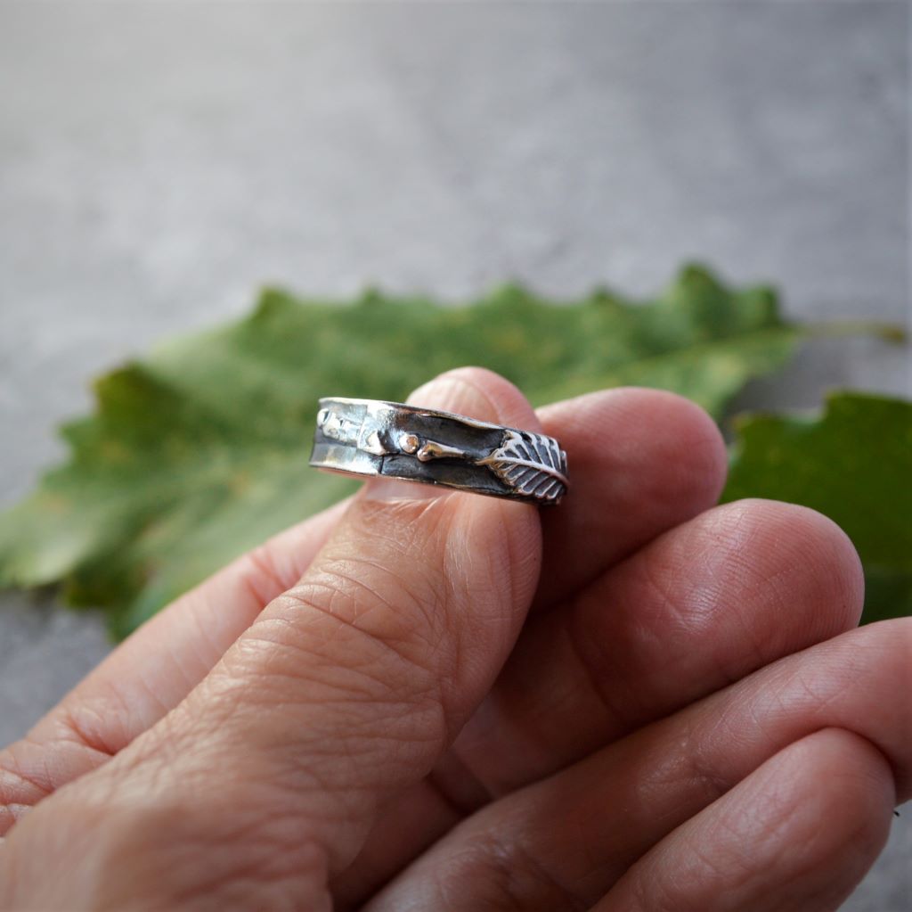 Chinkapin Oak Ring, Leaf and Twig Band in Sterling Silver