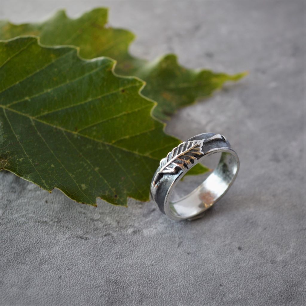 Chinkapin Oak Ring, Leaf and Twig Band in Sterling Silver