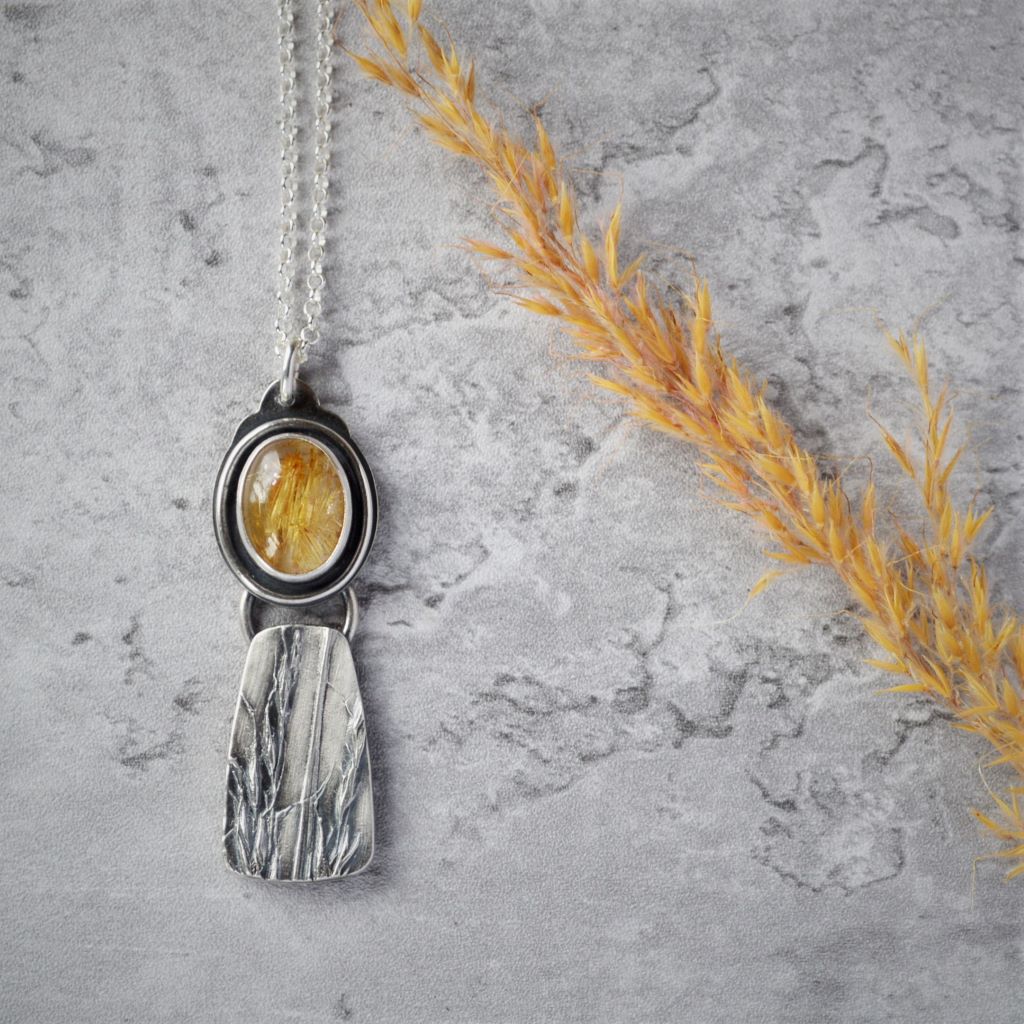 Silver Indiangrass Necklace with Golden Rutilated Quartz