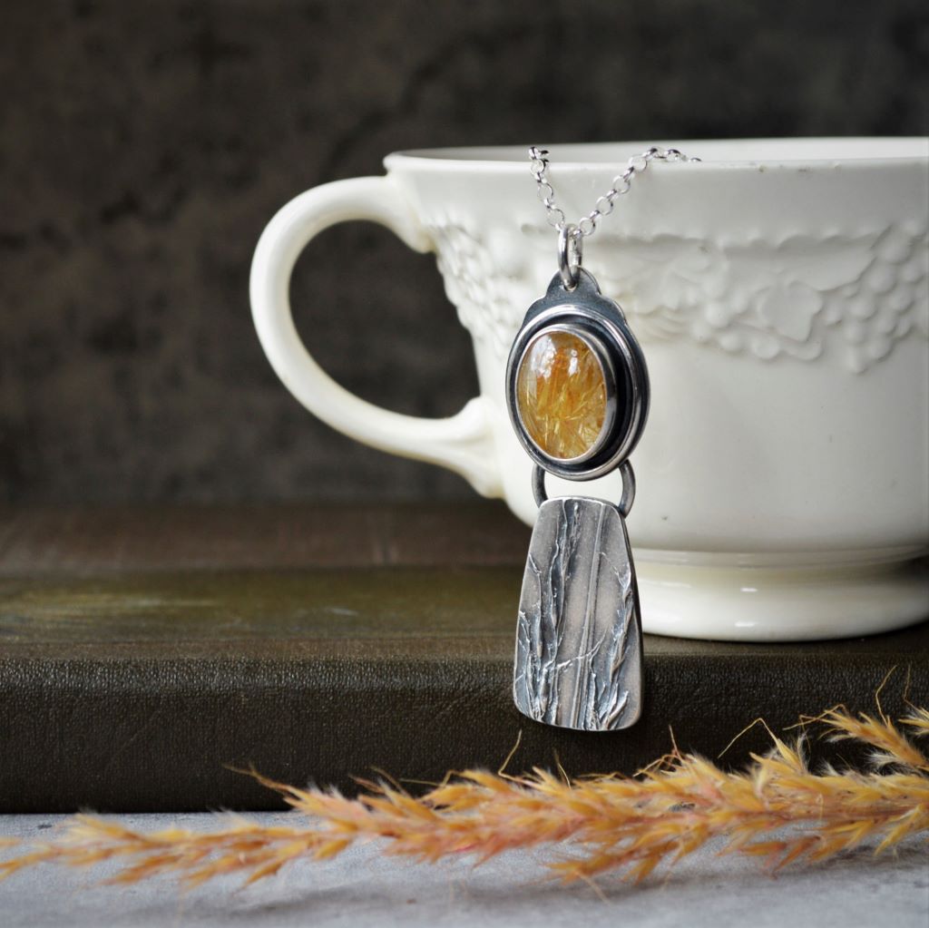 Silver Indiangrass Necklace with Golden Rutilated Quartz