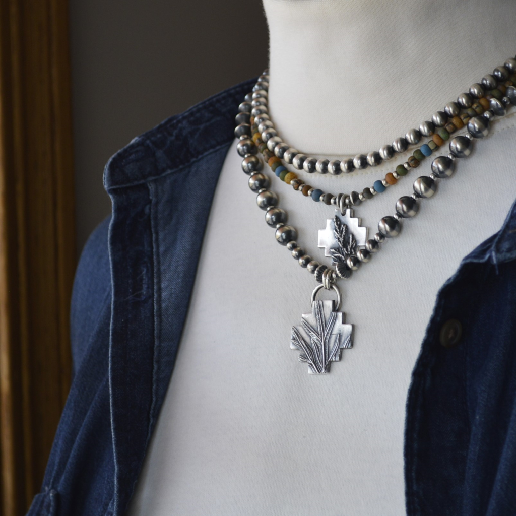Silver Cedar Southwest Cross Pendant with Beaded Necklace